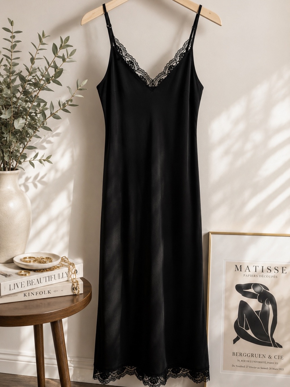 Highline Collective Black Lace Trim Slip Midi Dress